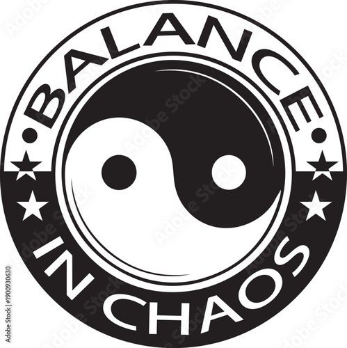 A circular symbol with yin and yang representing balance in chaos with stars around it