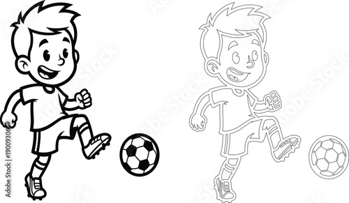 A cheerful young boy plays soccer, dribbling the ball with his foot in a dynamic cartoon illustration