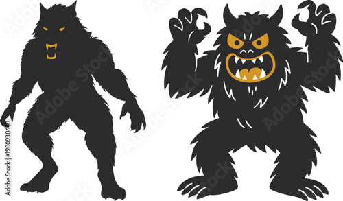 Halloween horror icon set collection group with spooky monster silhouettes, haunted house, ghost, skeleton, pumpkin, graveyard, scary creatures vector isolated on black background.