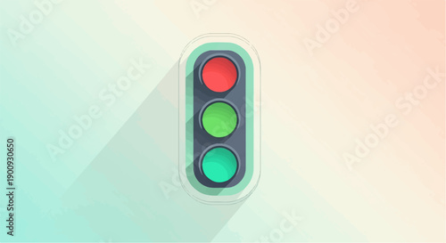 A simple, stylized traffic signal with red and green lights, casting a long shadow