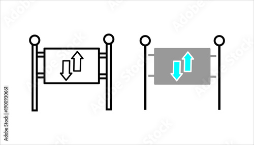 Line icon set. illustrating a standing information sign with up and down arrows, representing guidance, navigation, or traffic information.