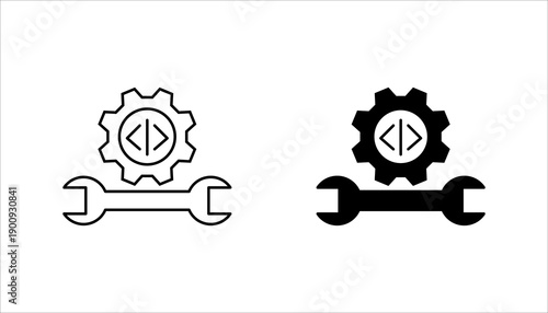 Minimal line icon set. combining gear, wrench, and code symbol, representing system maintenance, software development, and technical support.