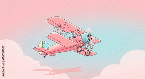 A pink biplane flies through a pastel sky filled with soft clouds