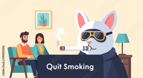 A rabbit in sunglasses smokes a cigarette next to people