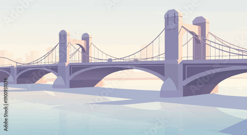 A pixelated suspension bridge spans a tranquil river at dawn