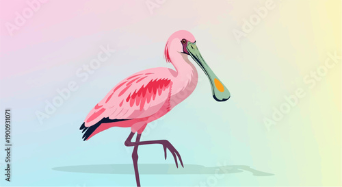 A pink bird with a spoon-shaped beak stands on one leg