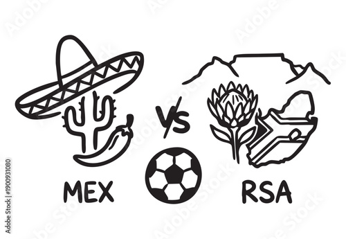 Mexico vs South Africa Soccer Match with Cultural Symbols Hand Drawn Illustration