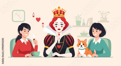 A queenly figure sits between two women and a corgi