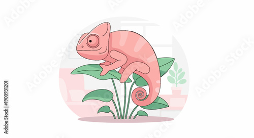 A pink chameleon perches on green leaves in a domestic setting
