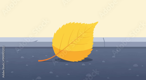 A single yellow leaf rests on a dark surface near a concrete border