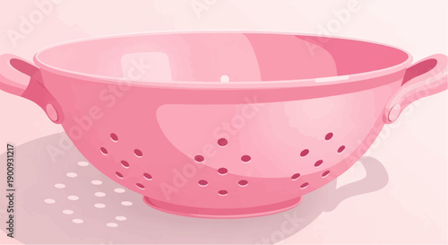 A pink colander with holes, casting a soft shadow on a pale pink surface