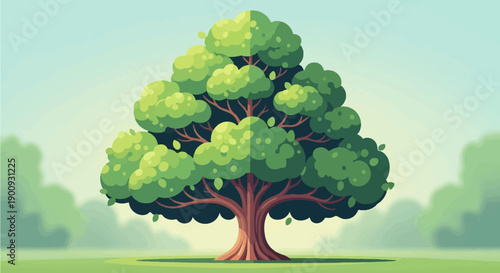 A lush, stylized green tree stands tall on a grassy field under a light blue sky