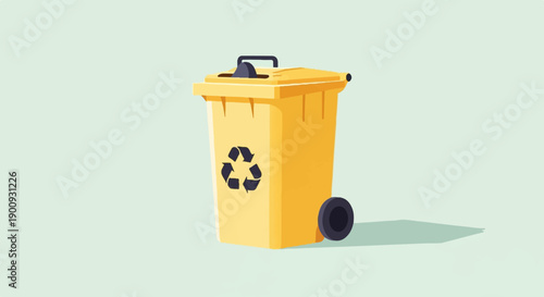 A single, yellow wheeled garbage bin with a recycling symbol