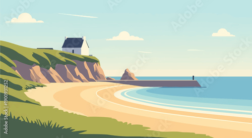 A quaint house sits atop a grassy cliff overlooking a serene ocean