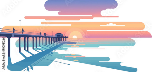 A serene pixel art sunset over an ocean pier, casting long shadows on the water