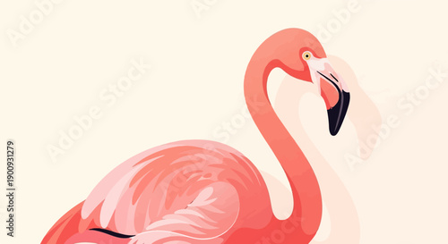 A pink flamingo with a curved neck and distinct beak on a pale background