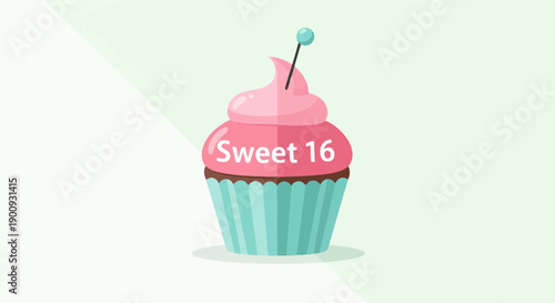A pink frosted cupcake with "Sweet 16" written on it, topped with a blue gem