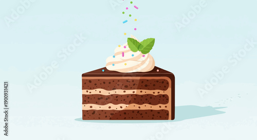 A slice of decadent chocolate cake adorned with whipped cream, sprinkles, and mint