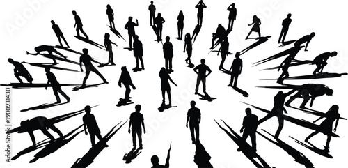 Silhouetted human figures arranged in circular pattern with long dramatic shadows, abstract concept of individuality, unity, perspective, depth, and motion art