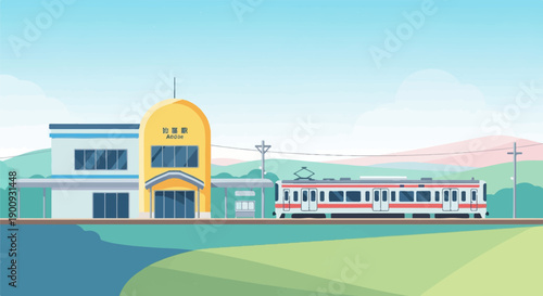 A simplified illustration of a rural train station with a train at the platform