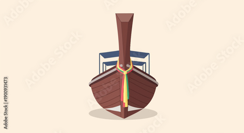 A long-tail boat, a traditional vessel, front view, brown wood