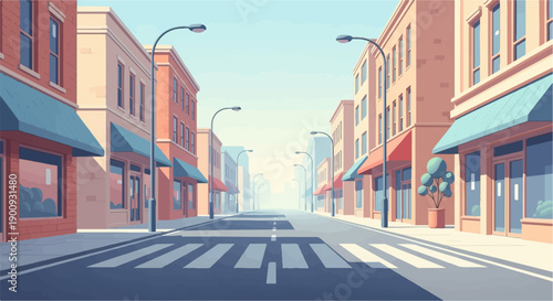 A serene, pixelated cityscape with buildings, streetlights, and crosswalks