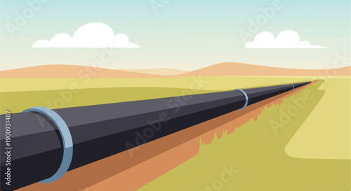A long pipeline stretches across a barren landscape under a cloudy sky