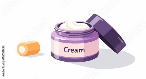 A purple jar of cream with its lid and a cylindrical object on a white background
