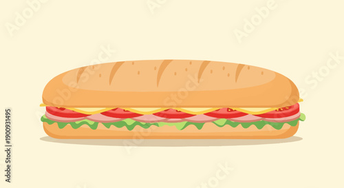 A long, savory sandwich filled with lettuce, ham, tomato and cheese