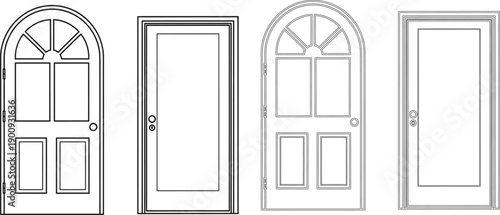 Various styles of arched and rectangular doors with decorative panels and hardware, presented as line art illustrations