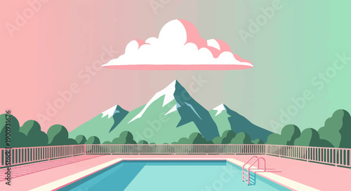 A serene poolside scene with snow-capped mountains and a pink-tinged cloud