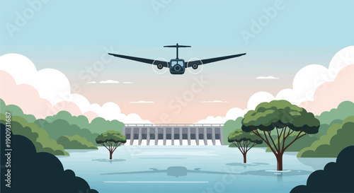 A propeller plane flies over a dam surrounded by lush trees and water