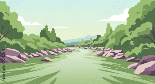 A serene river flows through a lush green forest with purple rocks