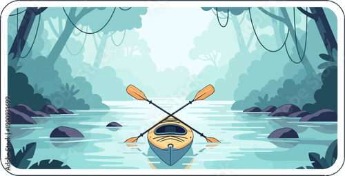 A lone yellow kayak rests on calm water with crossed paddles