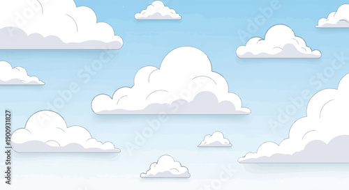 A serene sky filled with fluffy white cartoon clouds against a soft blue backdrop