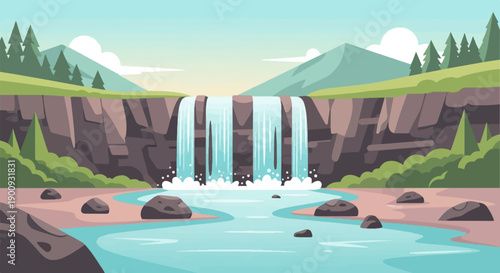 A pixelated scenic landscape features a waterfall cascading into a tranquil blue river