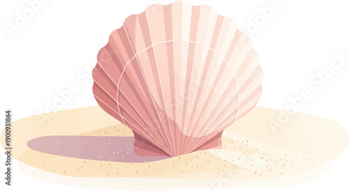 A pink scallop shell rests on a sandy shore with subtle shadows