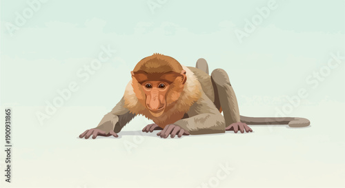 A primate with a distinctive nose is on its belly, against a pale sky