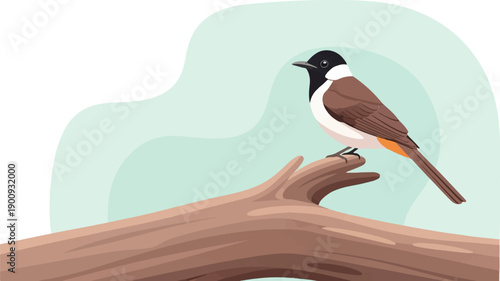 A small bird with brown wings and a black head perched on a branch