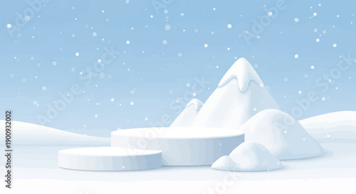 A serene snowy mountain landscape with empty white podiums for display
