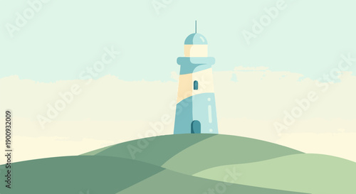 A minimalist, pixelated lighthouse stands tall on a green hill under a pale sky