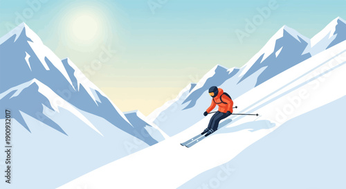 A lone skier navigates a steep, snow-covered mountain slope amidst jagged peaks