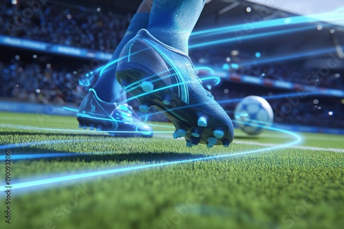 Soccer player's boots on green grass field. Blue digital light trails circle cleat and ball, symbolizing speed, technology, and dynamic movement in stadium setting with spectator
