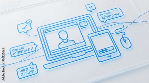 Online learning session on laptop and mobile device with interactive elements surrounding the screens