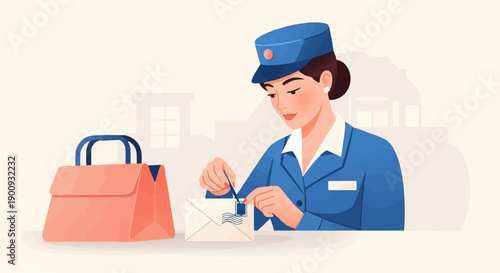 A postal worker in a blue uniform applies a stamp to an envelope next to a bag