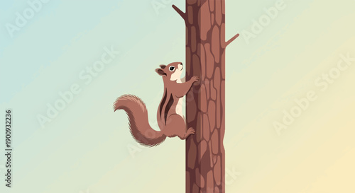A small chipmunk-like rodent climbs a textured brown tree trunk against a soft blue-yellow sky