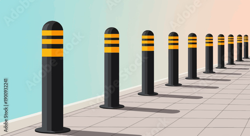 A row of bollards with yellow safety bands lines a walkway