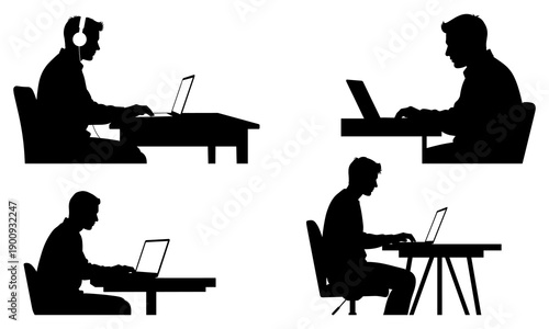 Silhouette people typing on laptops at desks, remote work lifestyle, online study, freelance productivity, modern workspace illustration set