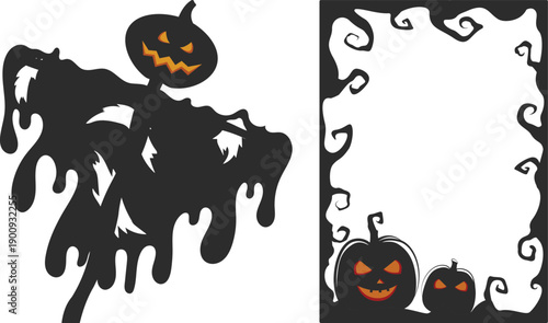 Halloween horror icon set collection group with spooky monster silhouettes, haunted house, ghost, skeleton, pumpkin, graveyard, scary creatures vector isolated on black background.
