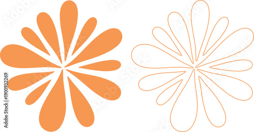 Two Orange flower-like shapes, one filled and one outline, on a white background